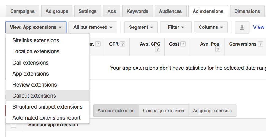 Callout AdWords Extension Guide - 1 View App Extensions
